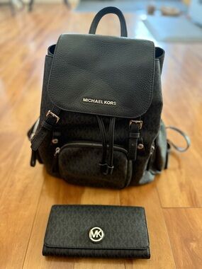 Michael Kors Black Signature Backpack with Matching Black Wallet